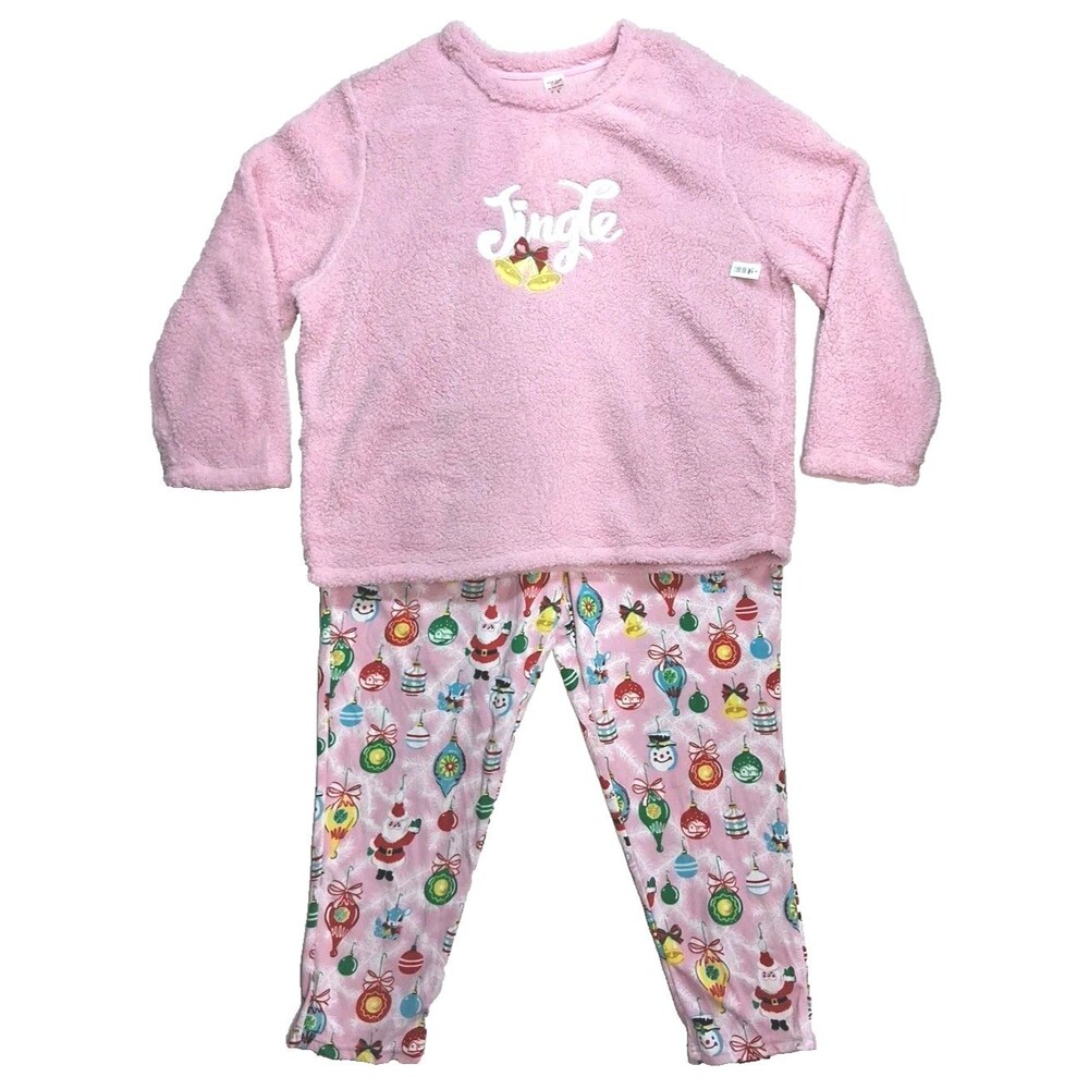 2pc Pink Fluffy Womens 2X Pajama Set Christmas Santa Sherpa Hygge Soft Comfy